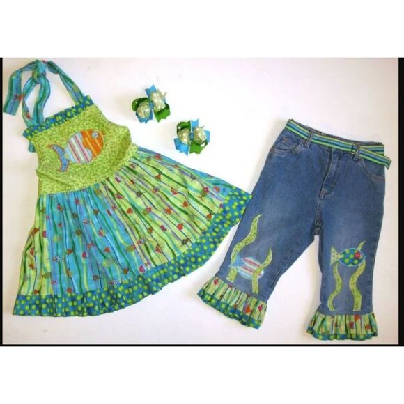 Custom boutique upcycle jeans dress top fish aquarium sea...
